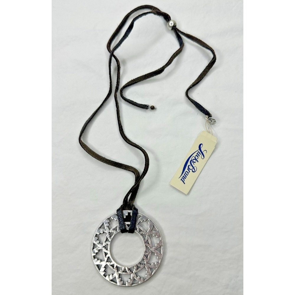 Lucky Brand Necklace Tribal Cut Out Leather Cord Silver Medallion Tags‎